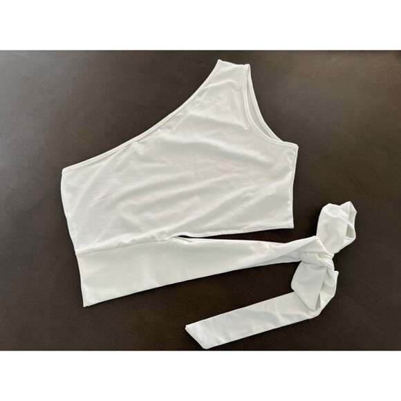 One Shoulder Side Tie Waist Crop Top WHITE SOLID ELASTIC SIZE XL - Picture 1 of 11